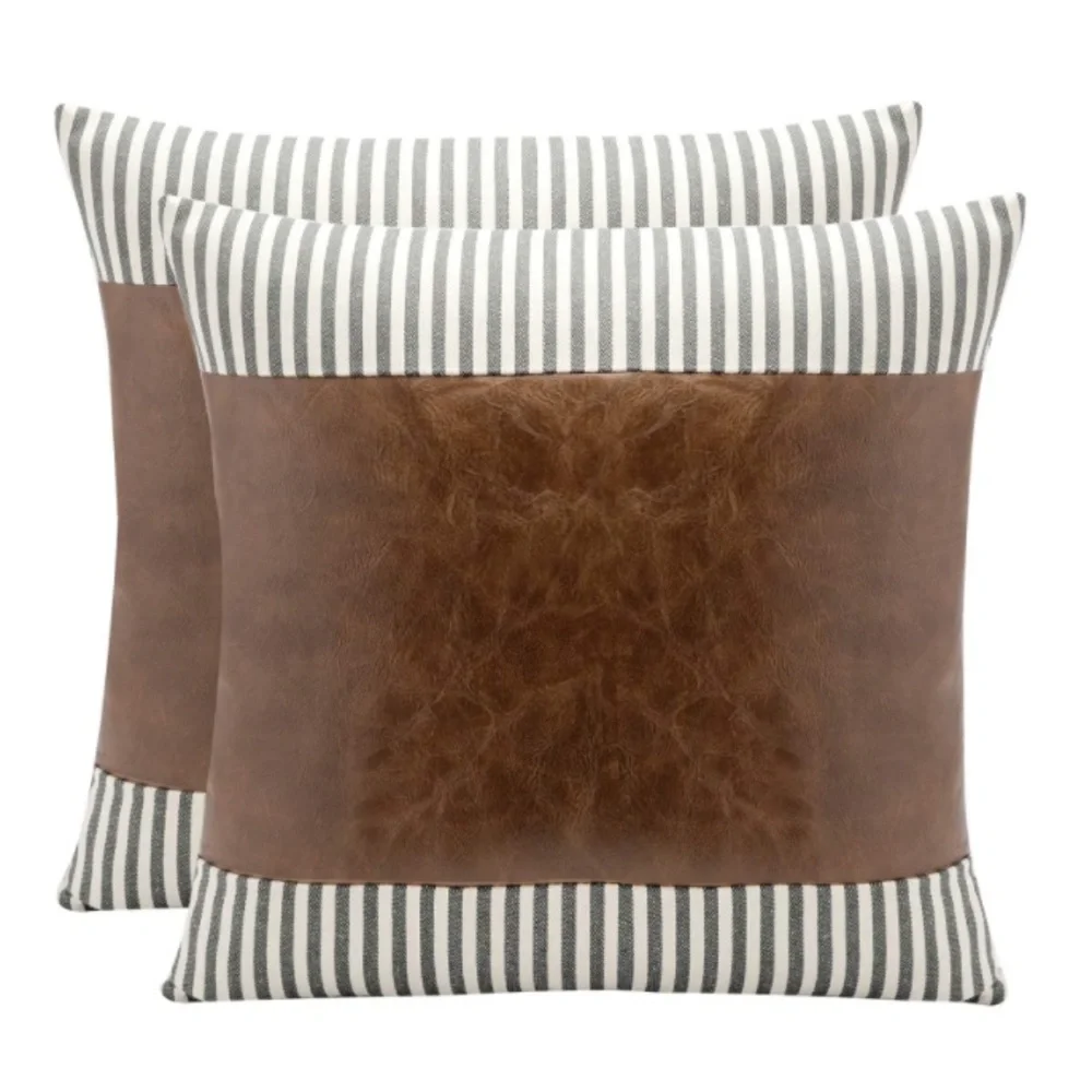 Luxury Home | Rustic Farmhouse Grey Striped Faux Leather Throw Pillow Covers